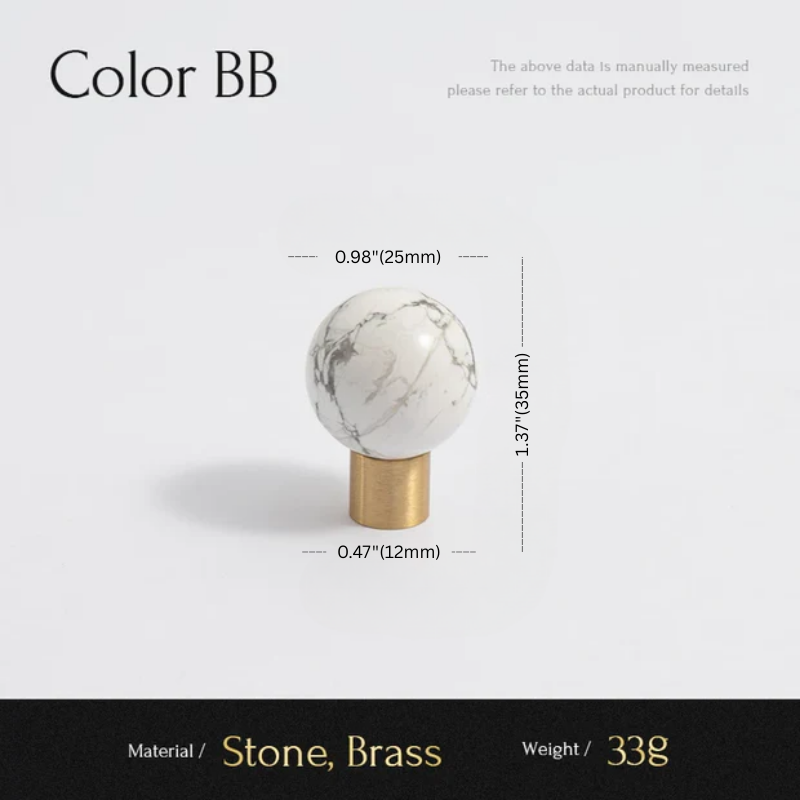 Marble-textured knob with brass base and measurements on a white background