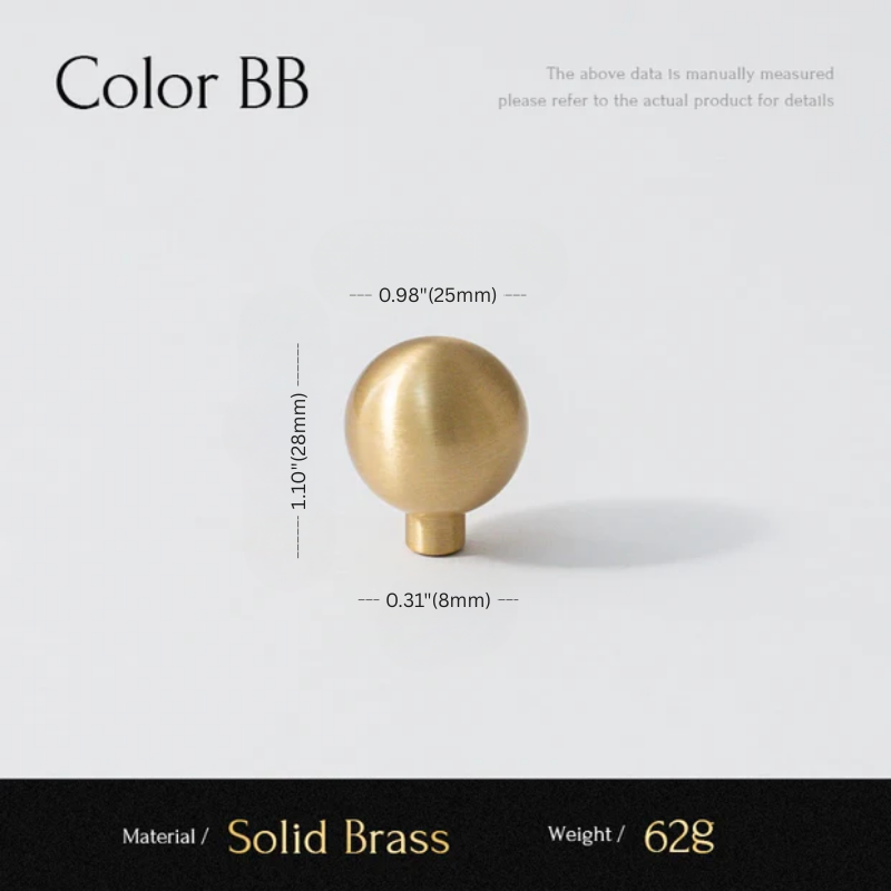 Gold spherical object with measurements on a white background