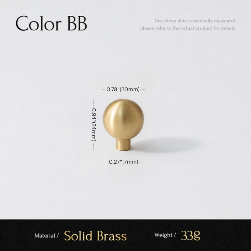 Solid brass knob with measurements and material details on a white background