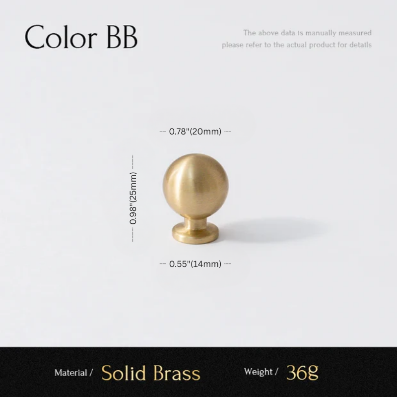 Solid brass knob with measurements on a white background