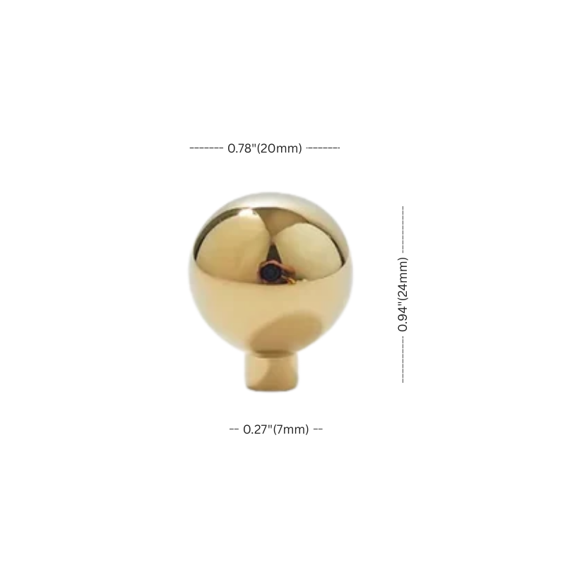 Gold spherical object with dimensions labeled on a white background