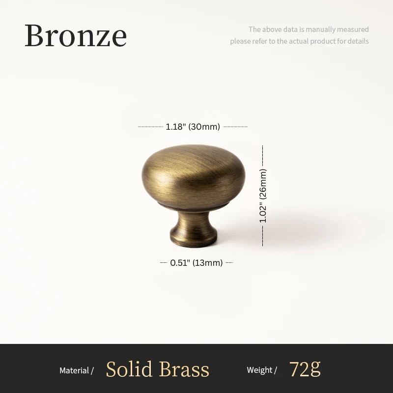 Bronze cabinet knob with measurements on a white background