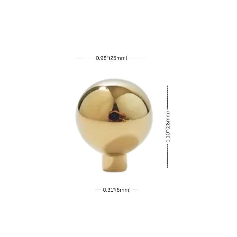 Gold spherical object with measurements on a white background