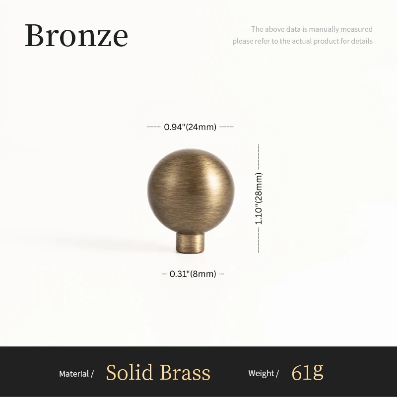 Bronze spherical object with measurements on a white background