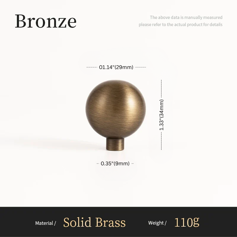 Bronze spherical object with measurements on a white background