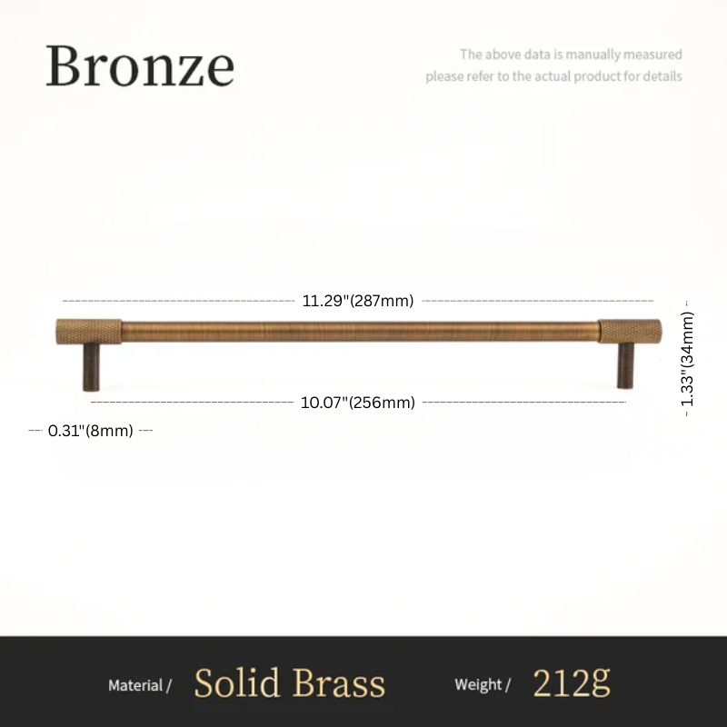Measurement chart for a bronze handle with dimensions and material details.