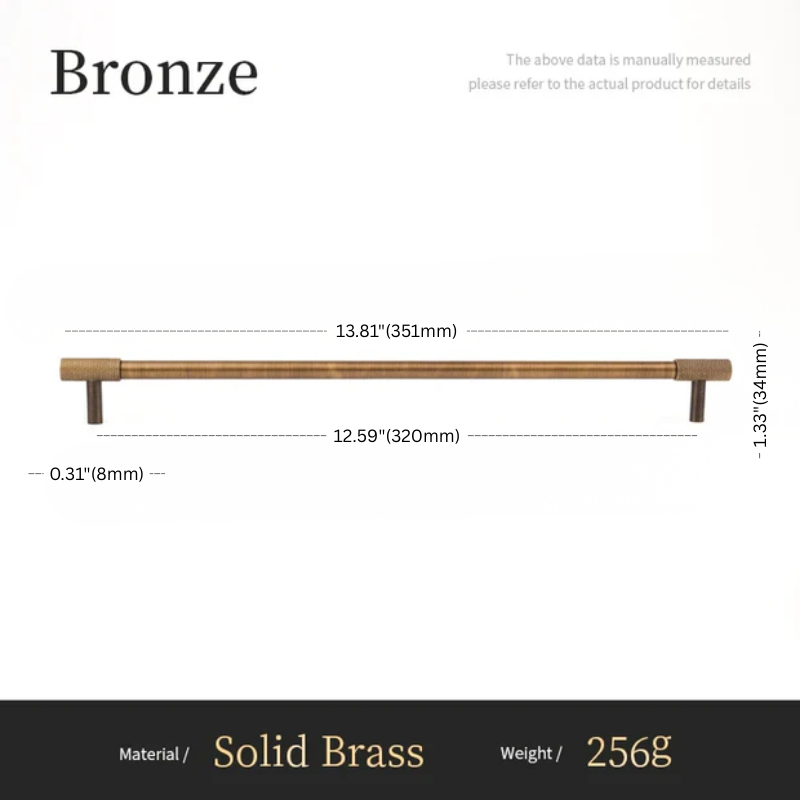 Measurement chart for a bronze cabinet handle with dimensions and material details.
