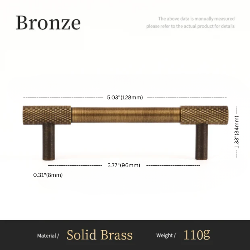 Measurement chart for a bronze cabinet handle with dimensions and material details.