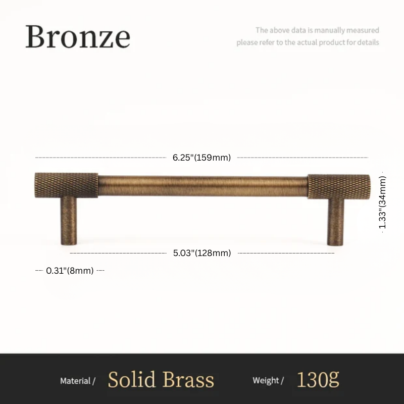 Measurement chart for a bronze cabinet handle with dimensions and material details.