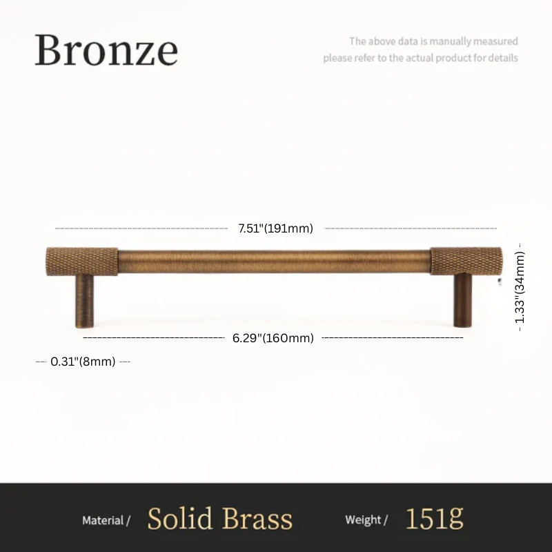 Measurement chart for a bronze cabinet handle with dimensions and material details.