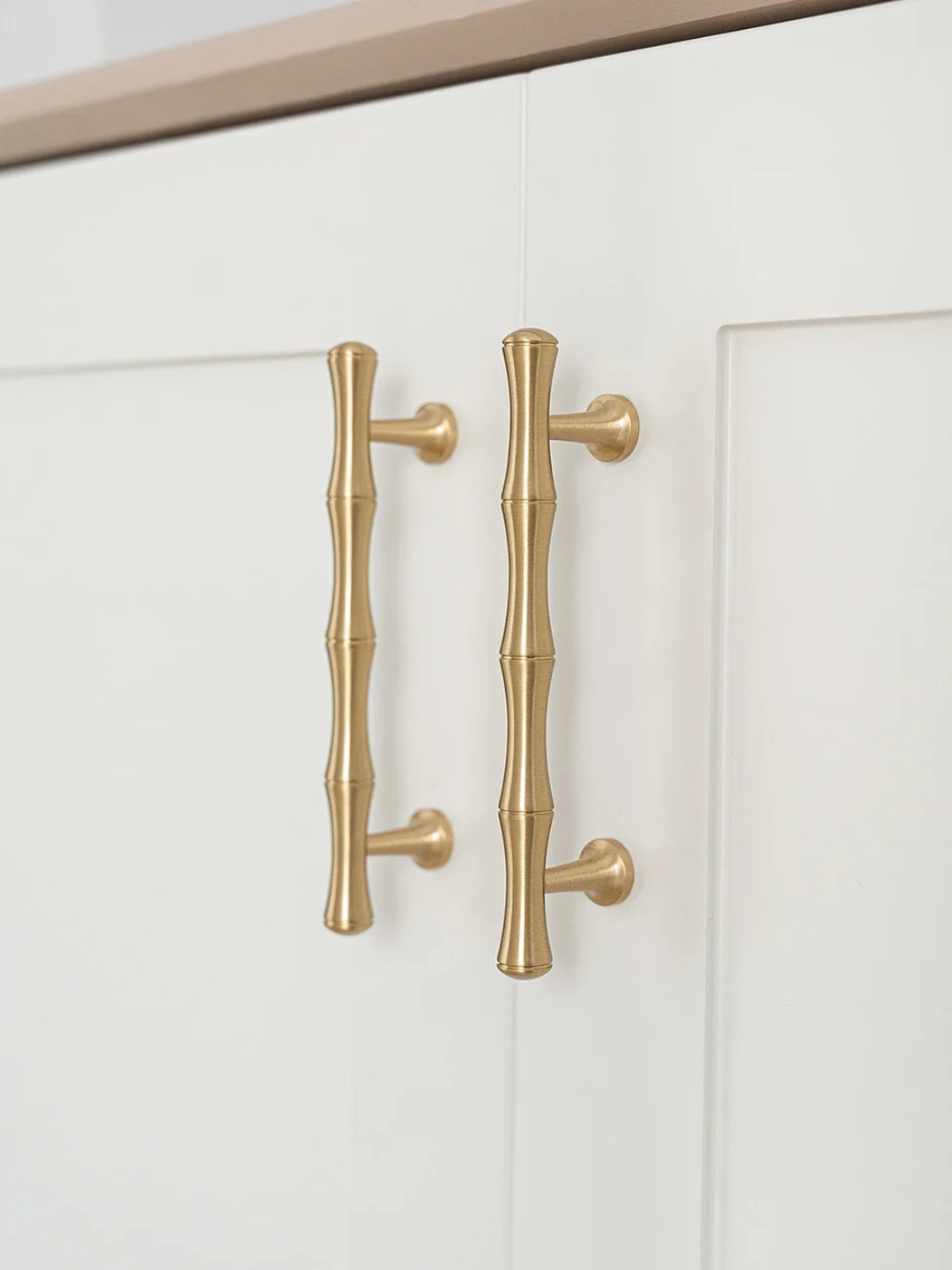 Gold cabinet handles on a white cabinet door