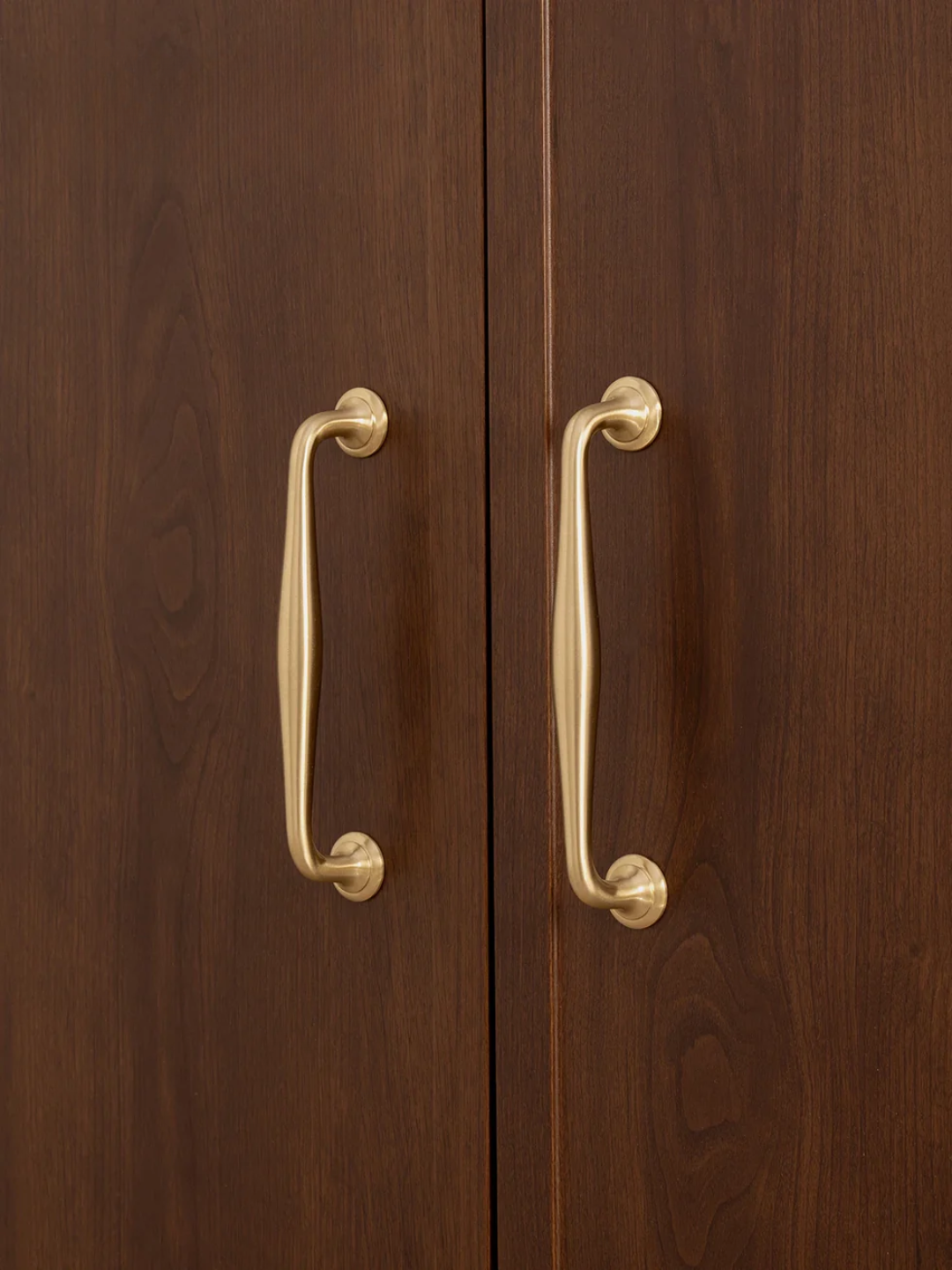 Close-up of a wooden cabinet with brass handles