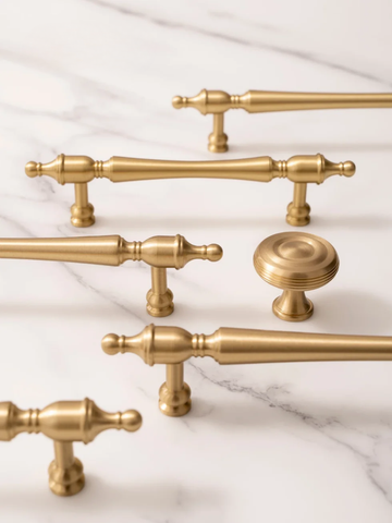 Collection of gold cabinet handles and knobs on a marble surface