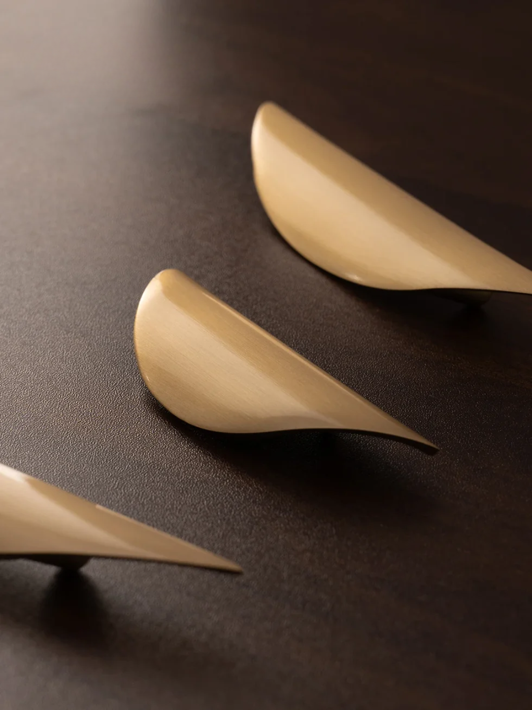 Three beige spoon-like objects on a dark surface