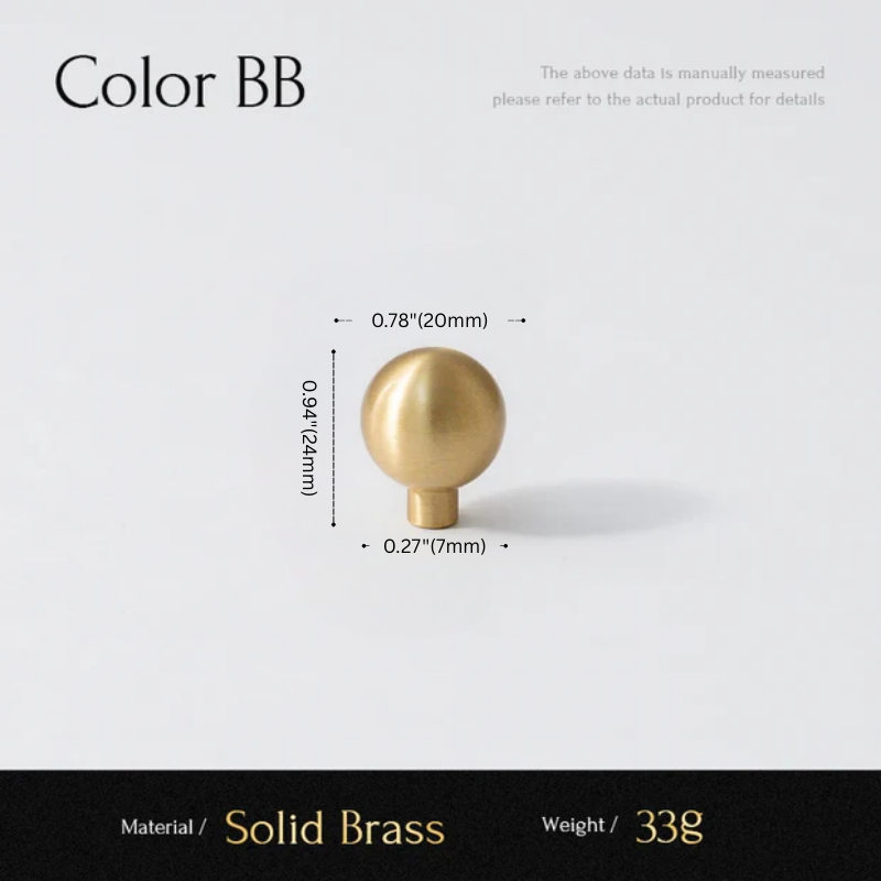 Gold spherical object with measurements on a white background