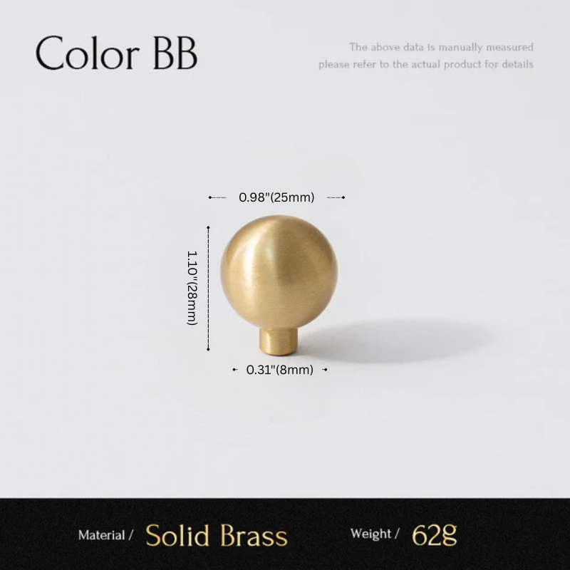 Gold spherical object with measurements on a white background
