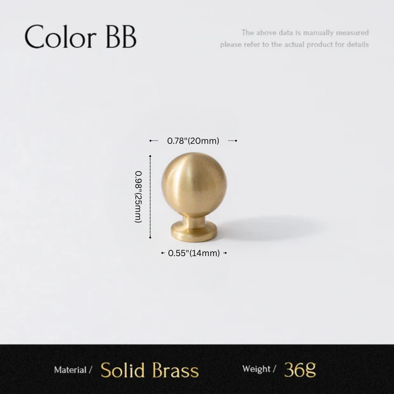 Gold spherical object with measurements on a white background