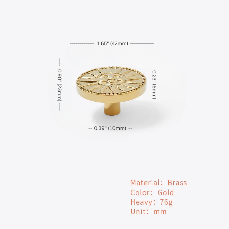 Gold circular object with measurements and material details on a white background