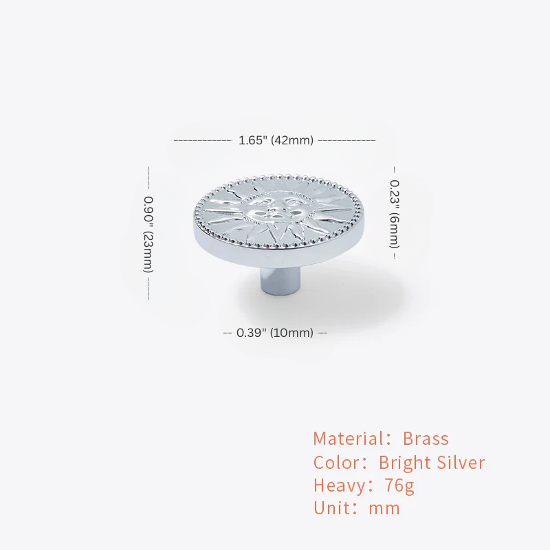 Brass knob with measurements on a white background