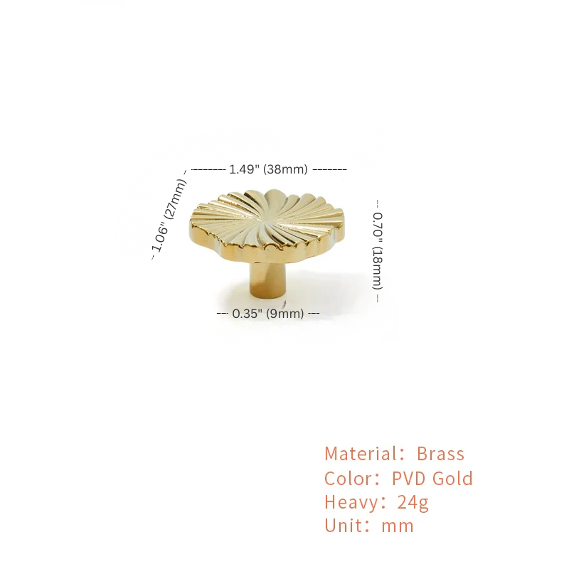 Gold knob with measurements and material details on a white background
