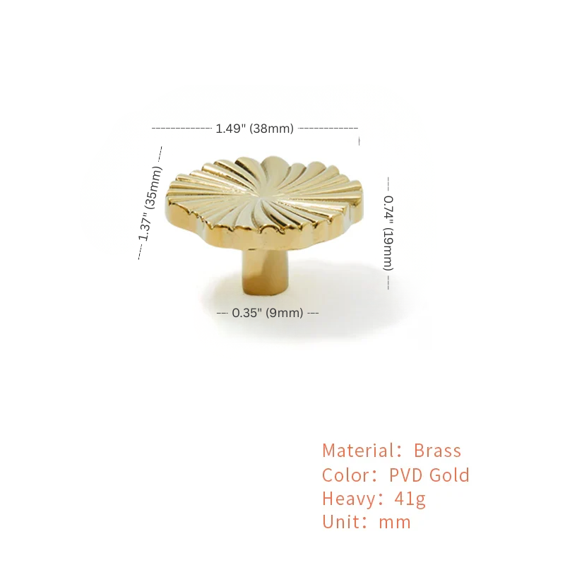 Gold cabinet knob with dimensions and material details on a white background
