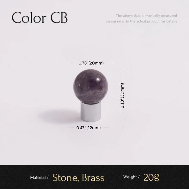 Measurement chart for a spherical stone object with brass base on a white background
