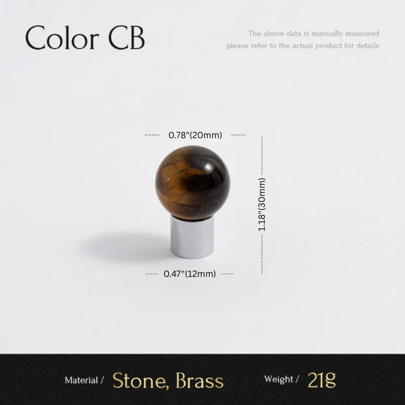 Measurement chart for a decorative object with stone and brass components on a white background.
