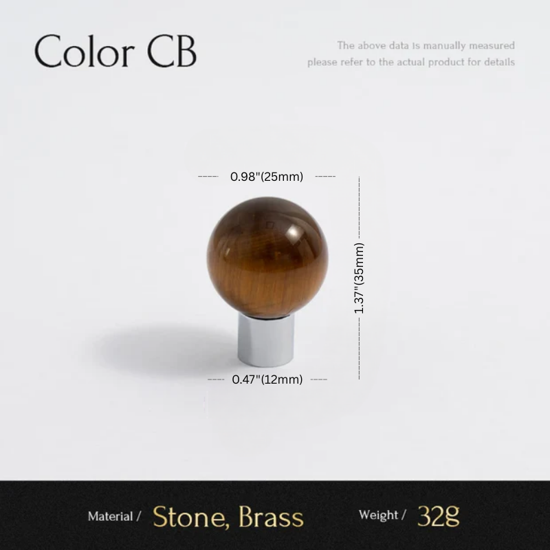 Wooden knob with brass base and measurements on a white background