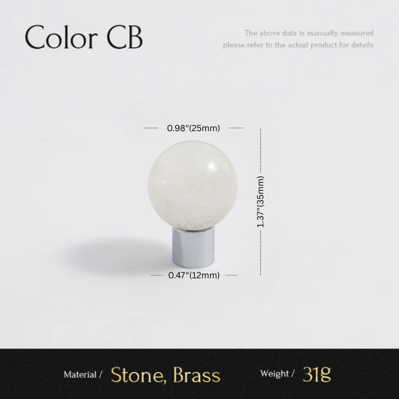 Measurement chart for a spherical object with dimensions and material details on a white background.