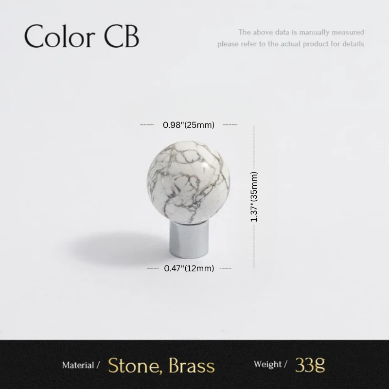 Marble-textured knob with dimensions and material details on a light gray background