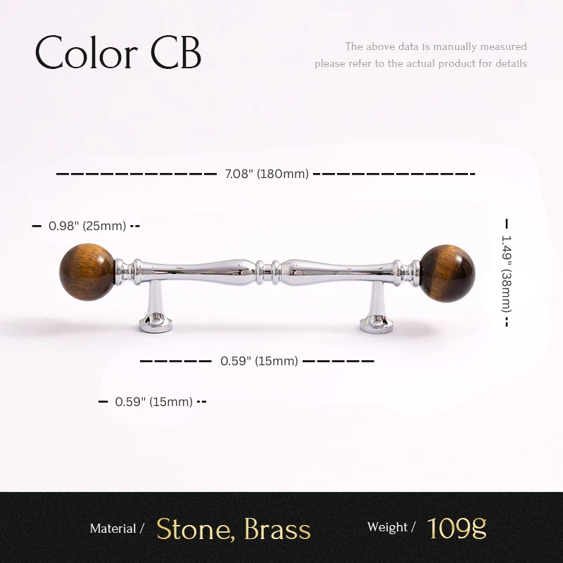 Measurement chart of a cabinet handle with stone and brass components on a white background.