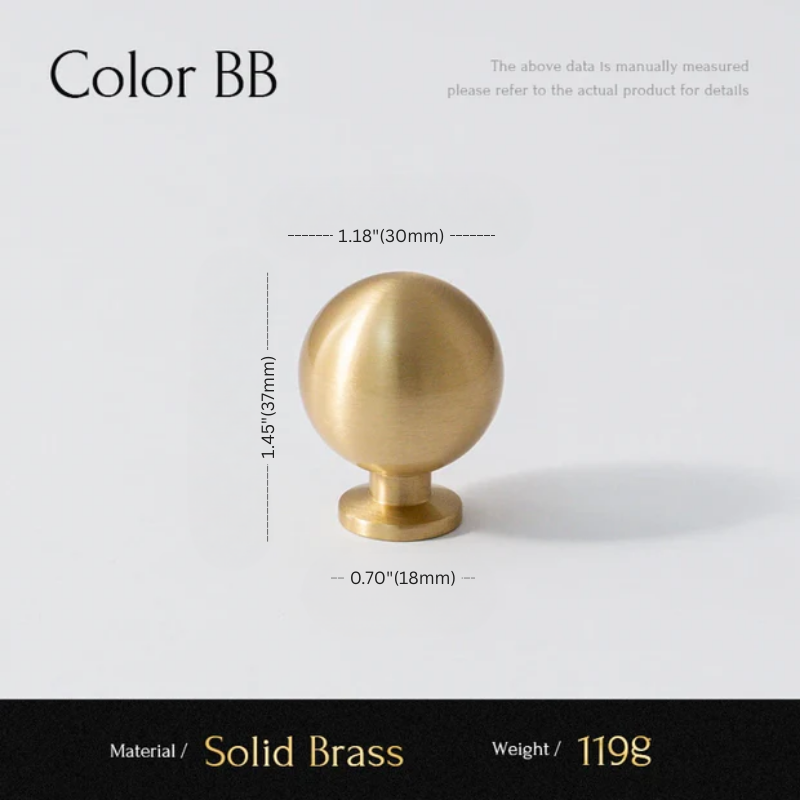 Gold spherical object with measurements on a white background