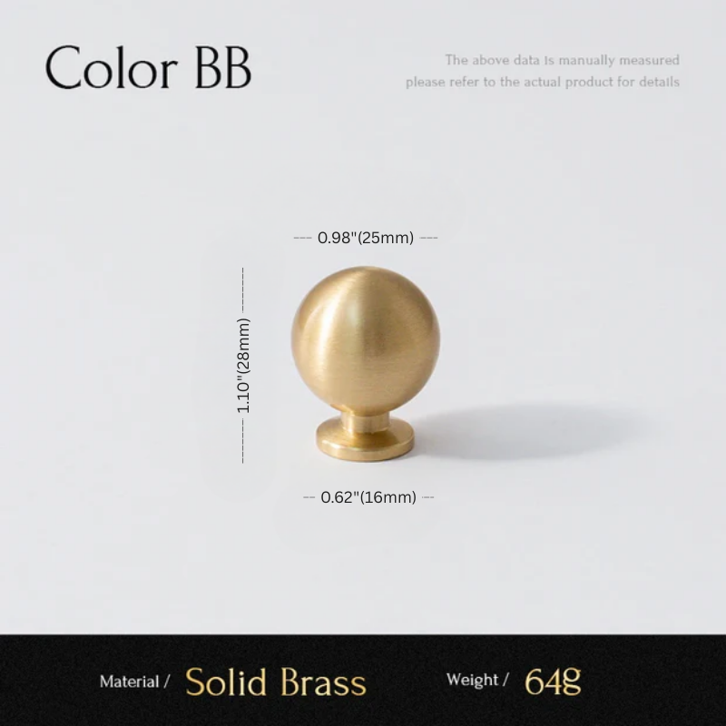 Gold spherical knob with measurements on a white background