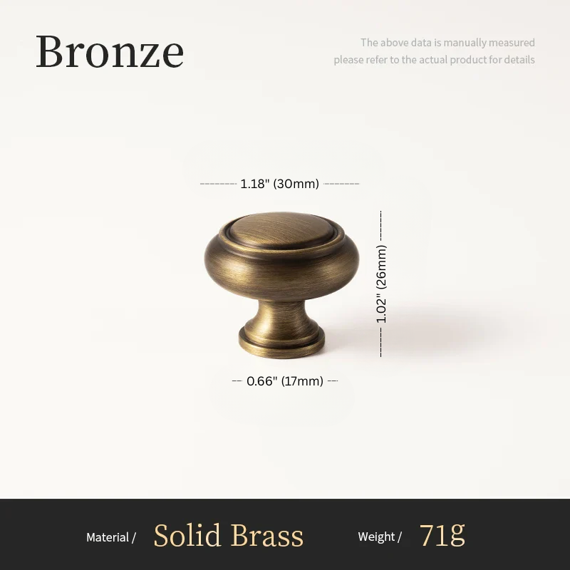 Bronze cabinet knob with measurements on a white background