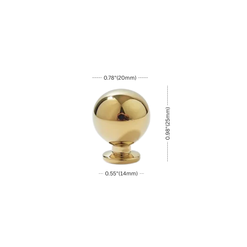 Gold spherical object with measurements on a white background
