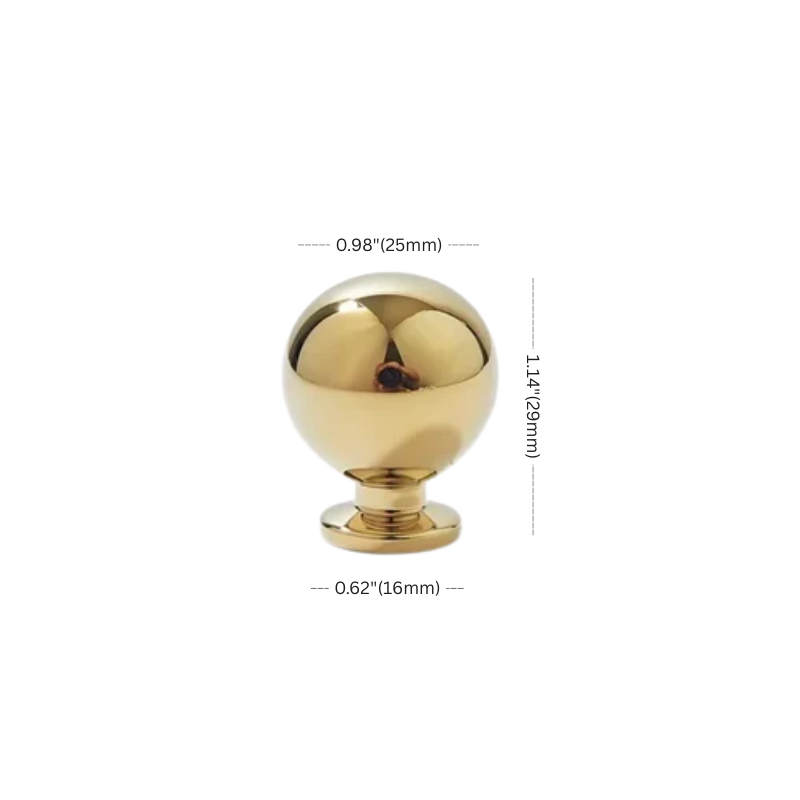 Gold spherical object with measurements on a white background