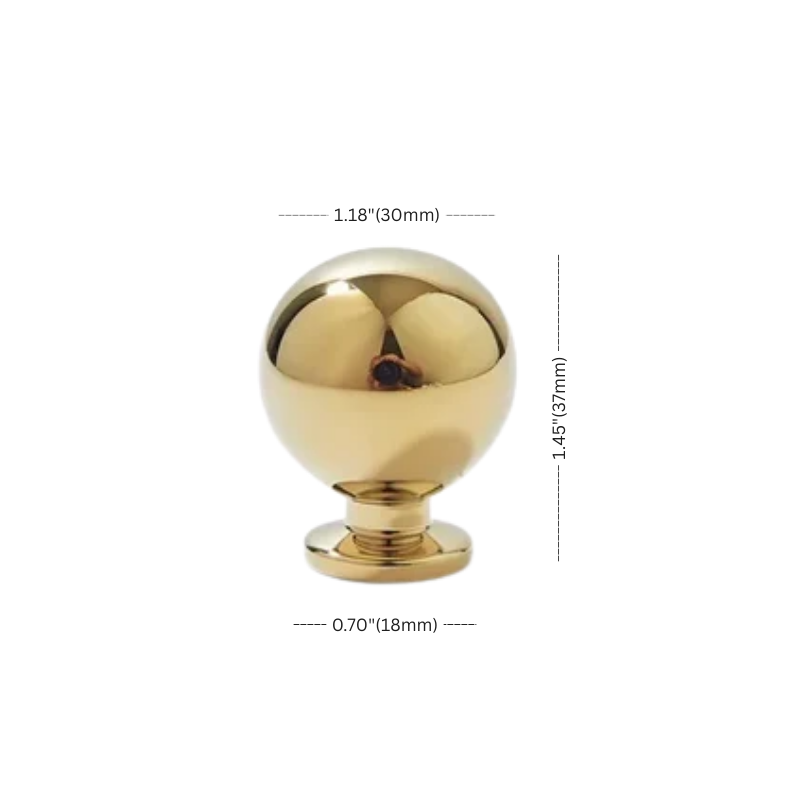 Gold spherical knob with measurements on a white background