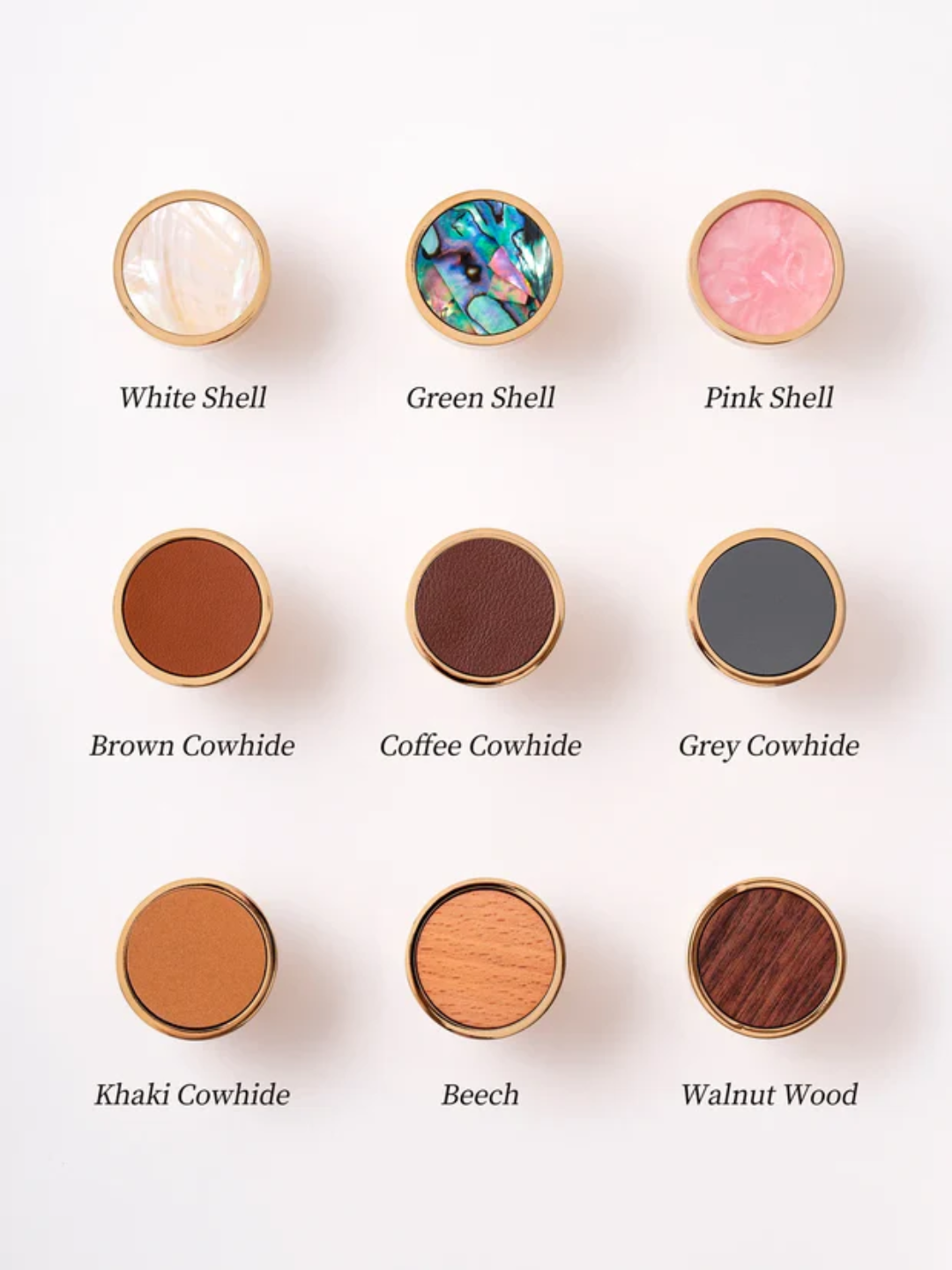 Color swatches of different materials including white shell, green shell, pink shell, brown cowhide, coffee cowhide, gray cowhide, khaki cowhide, beech, and walnut wood on a white background.