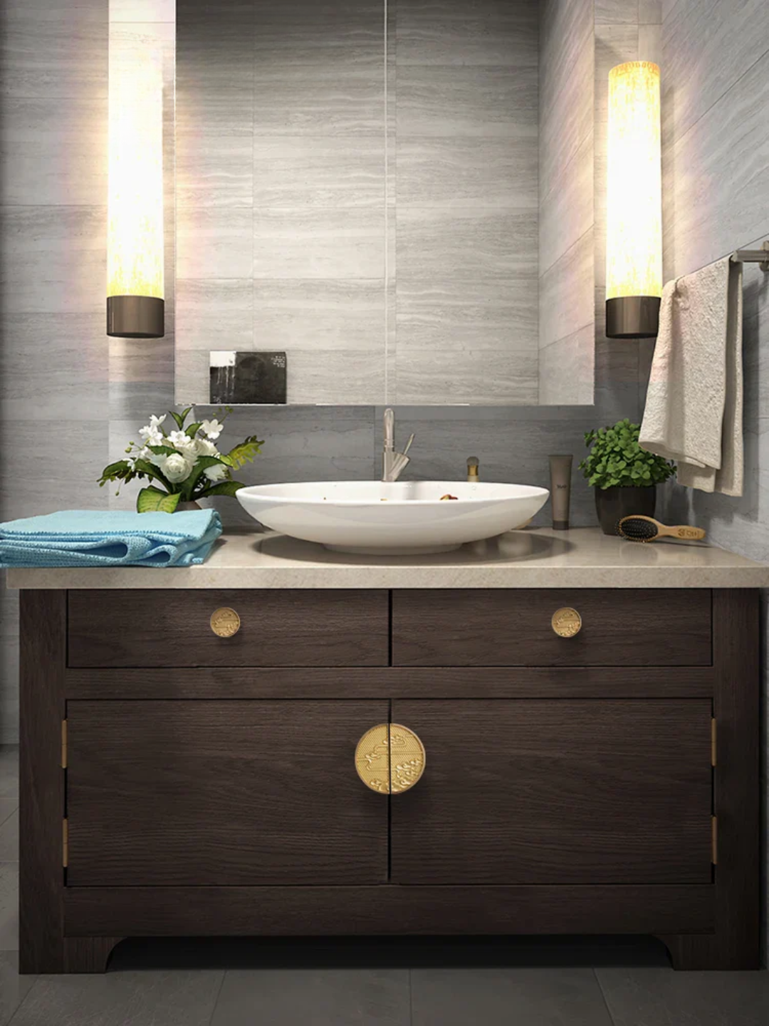 Bathroom vanity with a white sink, wooden cabinets, and decorative elements.