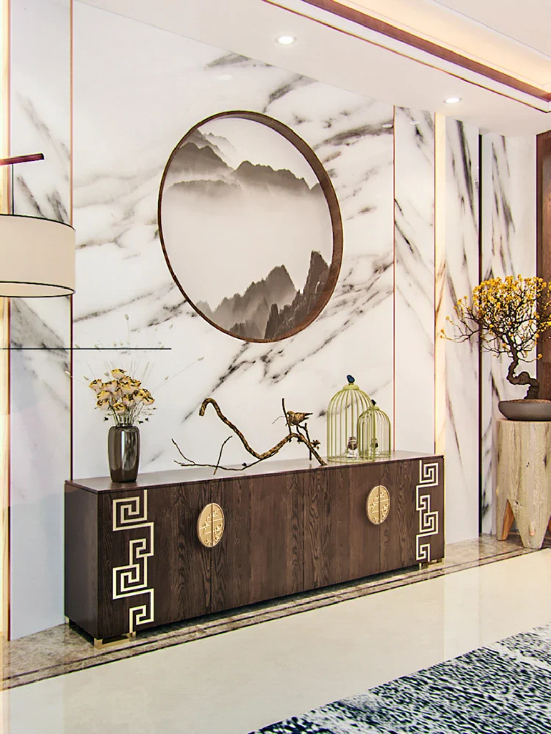 Decorative wall with marble pattern and wooden console table