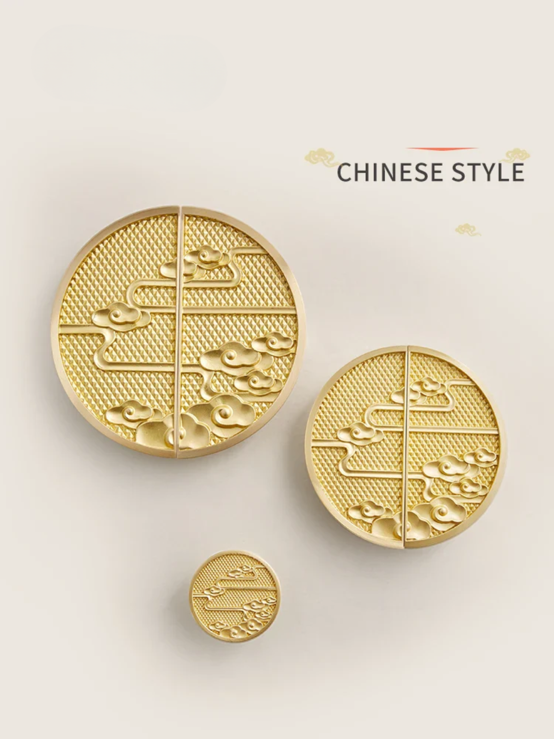 Three gold coins with intricate designs on a light beige background, labeled 'Chinese Style'.