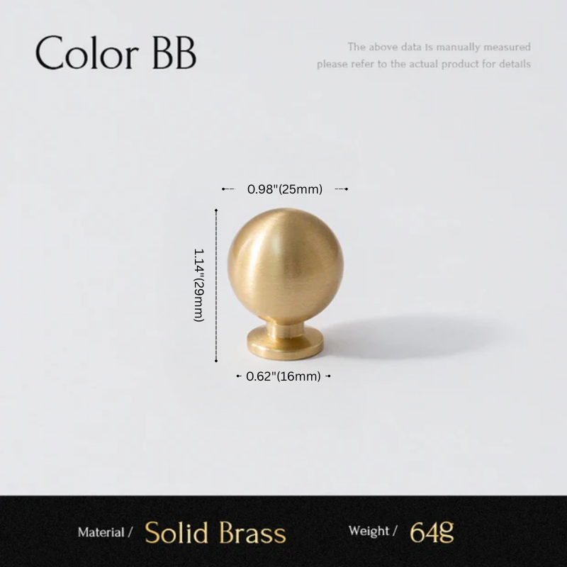 Gold spherical object with measurements on a light gray background