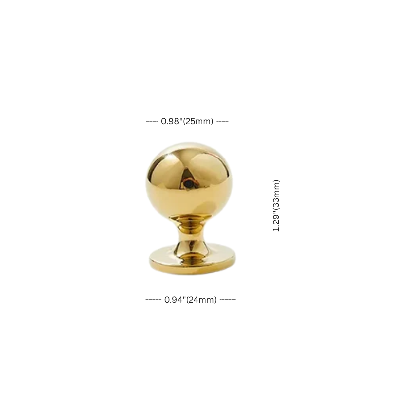 Gold spherical object with measurements on a white background