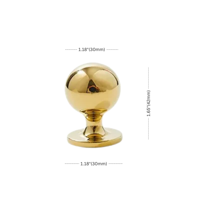 Gold spherical object with measurements on a white background