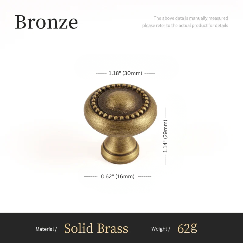 Bronze cabinet knob with measurements on a white background