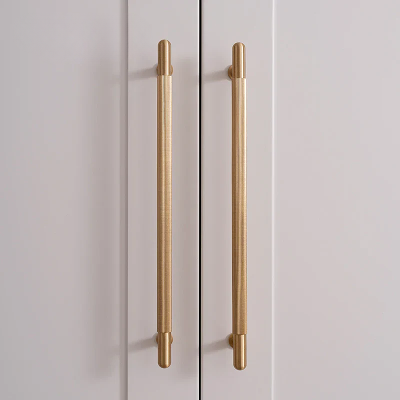 Two gold cabinet handles on a white door