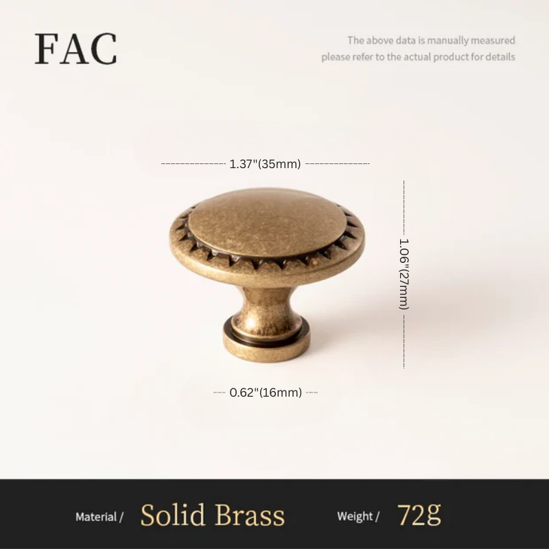 Brass cabinet knob with dimensions and material details on a white background