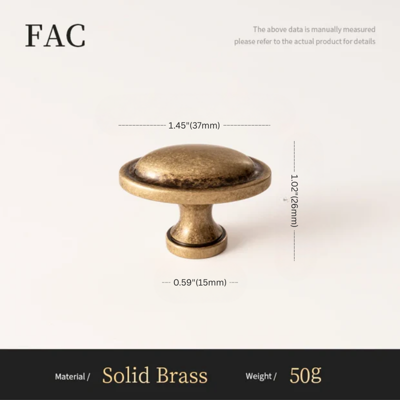 Solid brass knob with dimensions on a white background