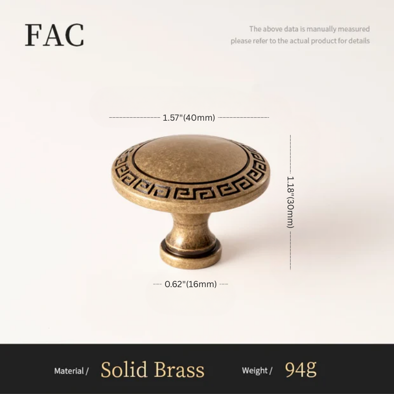 Brass cabinet knob with dimensions and material details on a white background