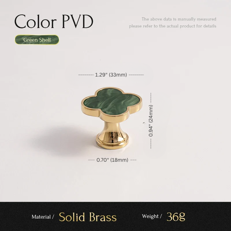 Gold cabinet knob with green shell design and measurement details on a white background